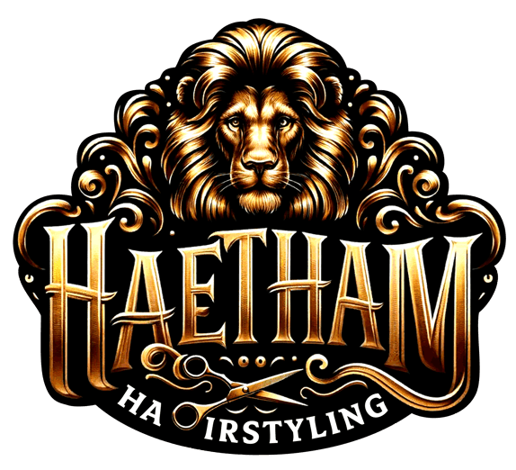 Logo von Haetham Hairstyling mit einem detaillierten goldenen Löwen und eleganter Schrift, symbolisiert Luxus-Haarpflegedienste für Damen und Herren